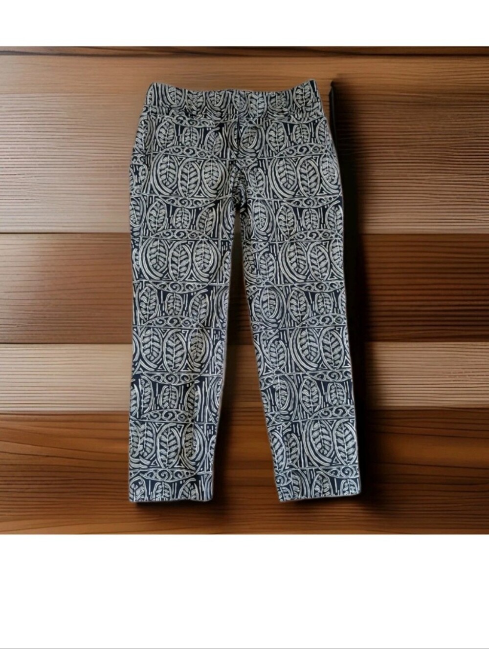 Ann Taylor LOFT Navy Blue & Beige  Leaf Design Original Ankle Pant Size 4